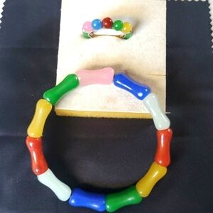 Multicolored Jadeite Jade Bracelet And Ring Set Rhodium Plated Silver